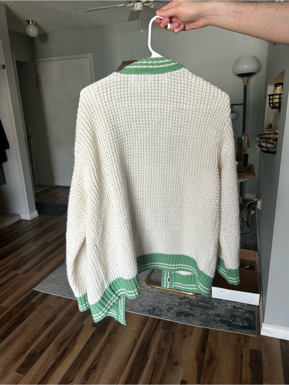 Cream Open Knit Cardigan with Green Trim - Women's Sweater - Picture 2 of 2